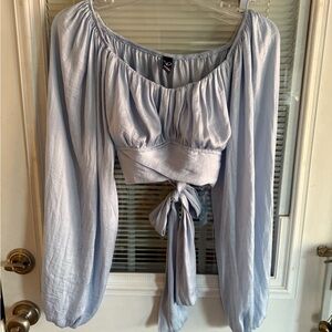Windsor Blue Bell Sleeve Cropped Blouse with Smocked Tie Back Boho Lightweight